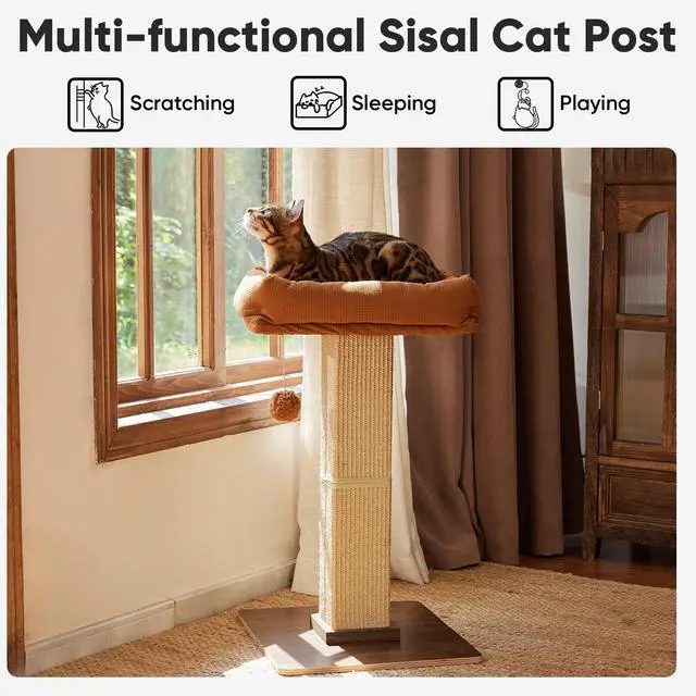 Alt view image 2 of 7 - Cat Scratching Post, Retro-Style Tall Scratch Posts with Perch for Indoor Cats Adults, Large Cat Scratcher Tower with Bed, Natural Sisal & Solid Wood