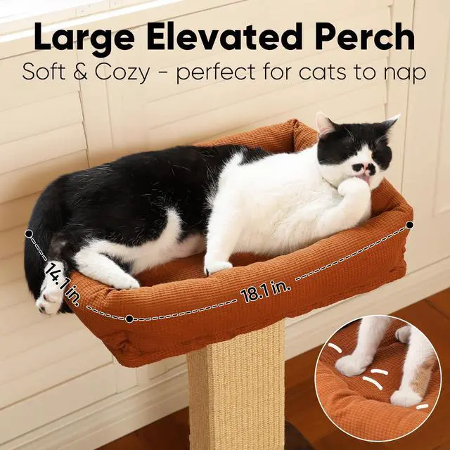 Alt view image 5 of 7 - Cat Scratching Post, Retro-Style Tall Scratch Posts with Perch for Indoor Cats Adults, Large Cat Scratcher Tower with Bed, Natural Sisal & Solid Wood