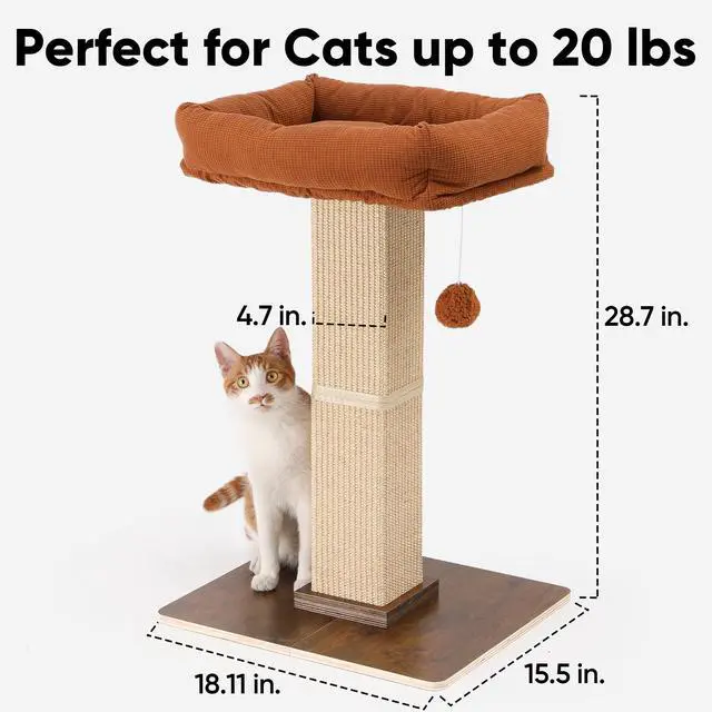 Alt view image 6 of 7 - Cat Scratching Post, Retro-Style Tall Scratch Posts with Perch for Indoor Cats Adults, Large Cat Scratcher Tower with Bed, Natural Sisal & Solid Wood