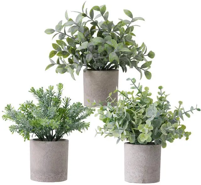 Main image of 3 Pack Small Potted Fake Plants Artificial Eucalyptus Realistic Bonsai Perfect for Home Office Desk Bookshelf Countertop Church Table Decor Boho Ornaments