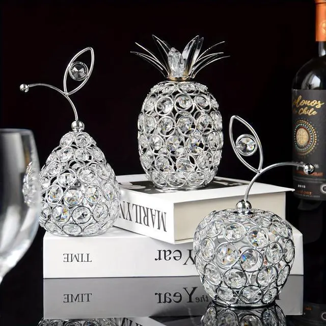 Main image of Set of 3 Crystal Metal Pineapple Pear Table Centerpiece Handmade Crystal Candlestick Hollow Fruit Ornament Home Party Wedding Holiday Bar Decoration (Silver, Set of 3)