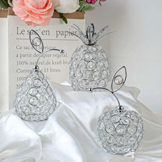 Alt view image 2 of 7 - Set of 3 Crystal Metal Pineapple Pear Table Centerpiece Handmade Crystal Candlestick Hollow Fruit Ornament Home Party Wedding Holiday Bar Decoration (Silver, Set of 3)