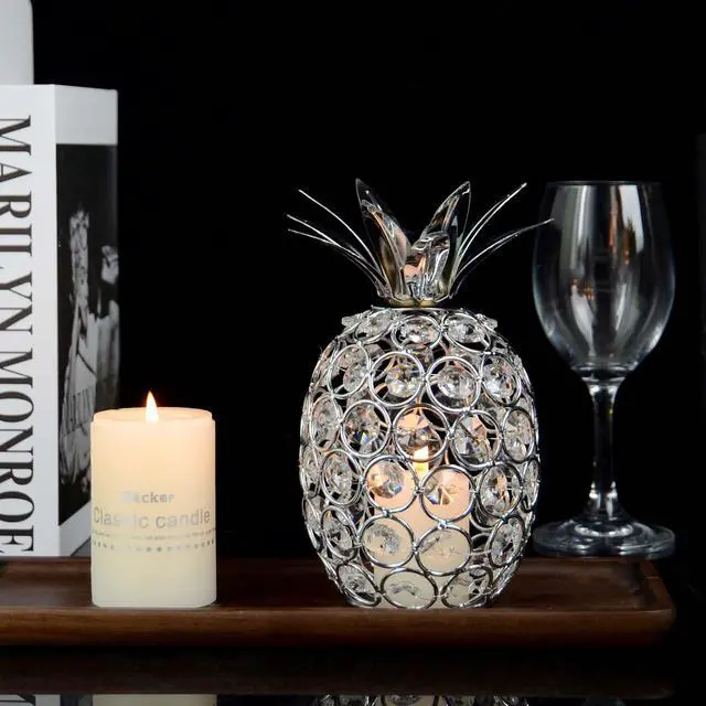 Alt view image 4 of 7 - Set of 3 Crystal Metal Pineapple Pear Table Centerpiece Handmade Crystal Candlestick Hollow Fruit Ornament Home Party Wedding Holiday Bar Decoration (Silver, Set of 3)