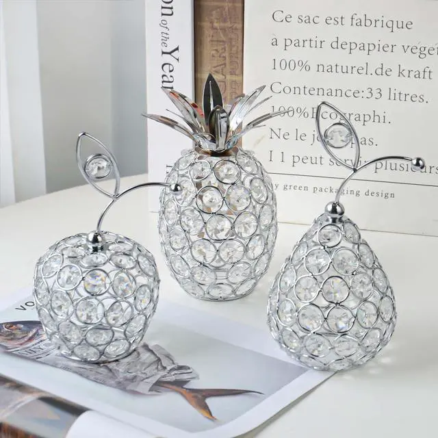 Alt view image 3 of 7 - Set of 3 Crystal Metal Pineapple Pear Table Centerpiece Handmade Crystal Candlestick Hollow Fruit Ornament Home Party Wedding Holiday Bar Decoration (Silver, Set of 3)