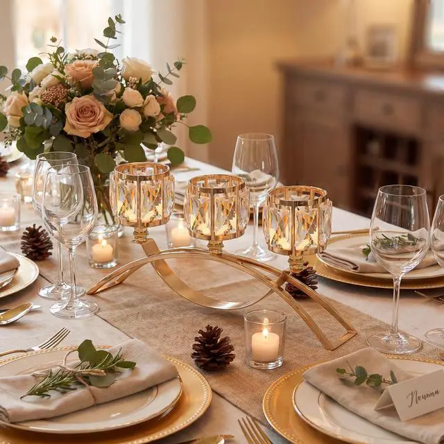 Alt view image 3 of 7 - 3 Arms Crystal Candle Holders, Arch Candlestick Table Candelabras Centerpieces for Wedding, Dinning Room, Cabinet Ornaments, Home Decoration Gift (3-arm Arched, Gold)
