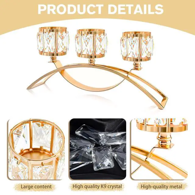 Alt view image 4 of 7 - 3 Arms Crystal Candle Holders, Arch Candlestick Table Candelabras Centerpieces for Wedding, Dinning Room, Cabinet Ornaments, Home Decoration Gift (3-arm Arched, Gold)