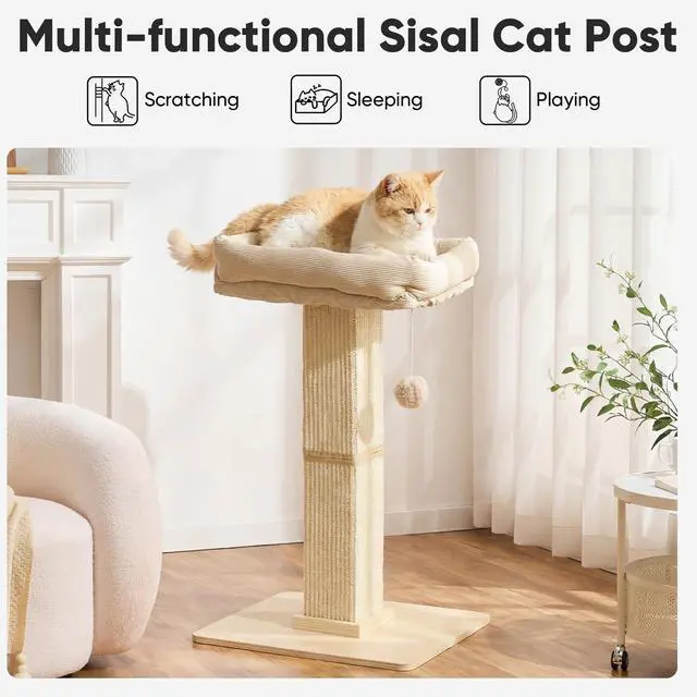Alt view image 2 of 7 - Cat Scratching Post, Modern Style Tall Scratch Posts with Perch for Indoor Cats Adults, Large Cat Scratcher Tower with Bed, Small Tree with Raised Stand, Natural Sisal & Solid Wood