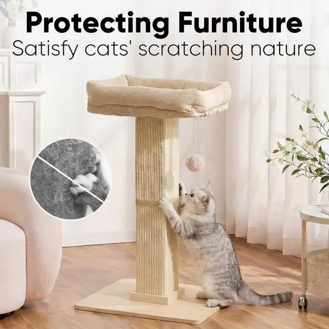 Alt view image 4 of 7 - Cat Scratching Post, Modern Style Tall Scratch Posts with Perch for Indoor Cats Adults, Large Cat Scratcher Tower with Bed, Small Tree with Raised Stand, Natural Sisal & Solid Wood