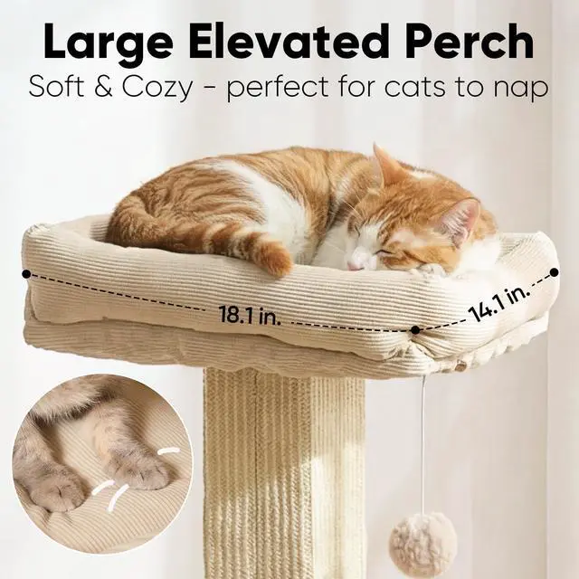 Alt view image 5 of 7 - Cat Scratching Post, Modern Style Tall Scratch Posts with Perch for Indoor Cats Adults, Large Cat Scratcher Tower with Bed, Small Tree with Raised Stand, Natural Sisal & Solid Wood