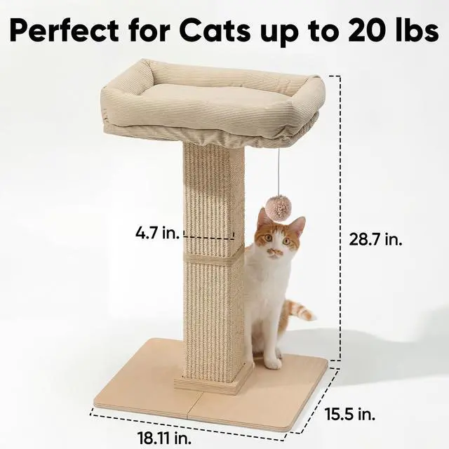 Alt view image 6 of 7 - Cat Scratching Post, Modern Style Tall Scratch Posts with Perch for Indoor Cats Adults, Large Cat Scratcher Tower with Bed, Small Tree with Raised Stand, Natural Sisal & Solid Wood