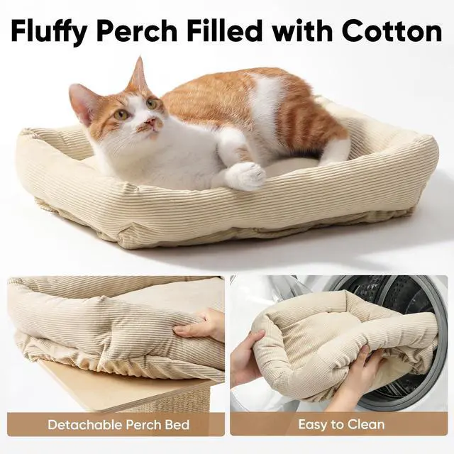 Alt view image 7 of 7 - Cat Scratching Post, Modern Style Tall Scratch Posts with Perch for Indoor Cats Adults, Large Cat Scratcher Tower with Bed, Small Tree with Raised Stand, Natural Sisal & Solid Wood