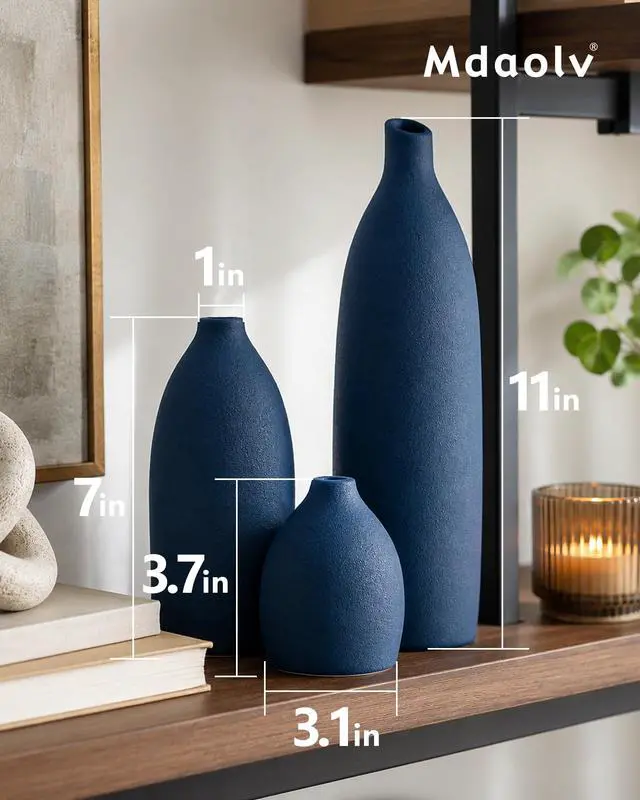 Alt view image 2 of 7 - Matte Blue Vase Set Navy Blue Decor Coastal Decor Vases for Kitchen Island Living Room Office Table Fireplace Mantle Decorations & Bathroom Shelf Decor Centerpiece Table Decorations Ceramic