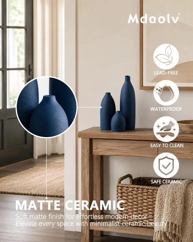 Alt view image 3 of 7 - Matte Blue Vase Set Navy Blue Decor Coastal Decor Vases for Kitchen Island Living Room Office Table Fireplace Mantle Decorations & Bathroom Shelf Decor Centerpiece Table Decorations Ceramic