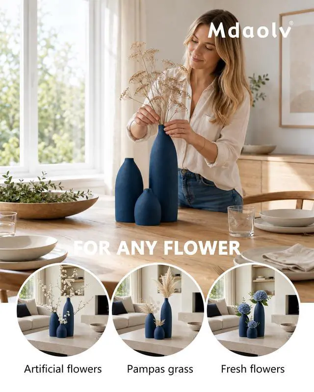 Alt view image 4 of 7 - Matte Blue Vase Set Navy Blue Decor Coastal Decor Vases for Kitchen Island Living Room Office Table Fireplace Mantle Decorations & Bathroom Shelf Decor Centerpiece Table Decorations Ceramic