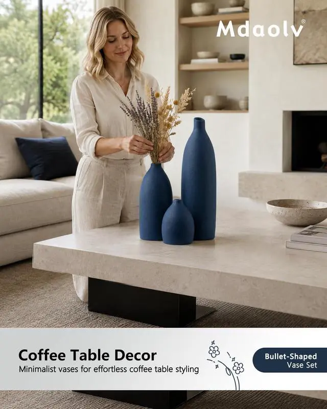 Alt view image 5 of 7 - Matte Blue Vase Set Navy Blue Decor Coastal Decor Vases for Kitchen Island Living Room Office Table Fireplace Mantle Decorations & Bathroom Shelf Decor Centerpiece Table Decorations Ceramic