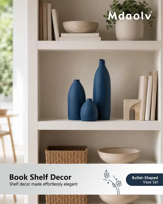 Alt view image 6 of 7 - Matte Blue Vase Set Navy Blue Decor Coastal Decor Vases for Kitchen Island Living Room Office Table Fireplace Mantle Decorations & Bathroom Shelf Decor Centerpiece Table Decorations Ceramic