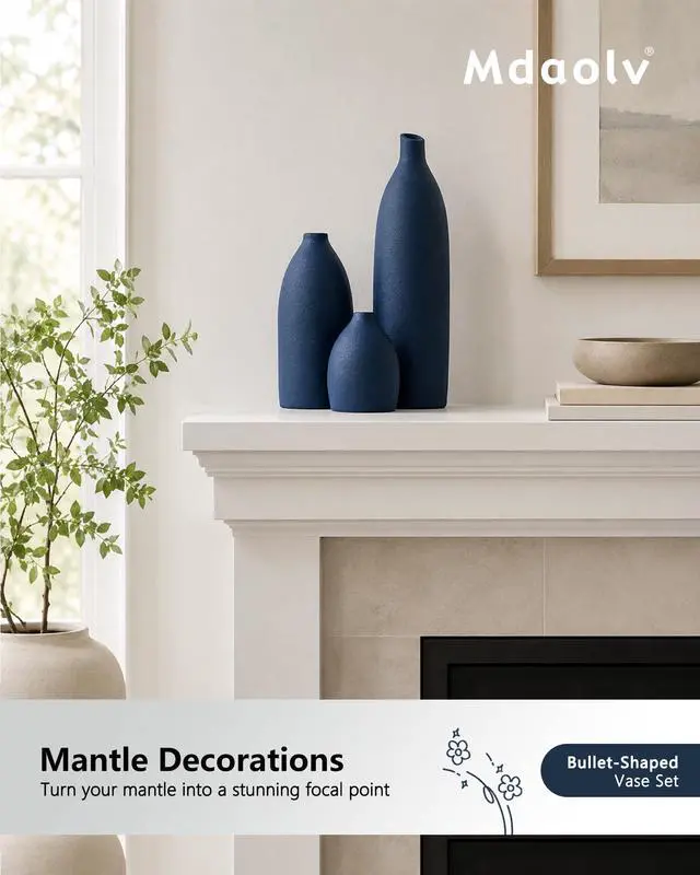 Alt view image 7 of 7 - Matte Blue Vase Set Navy Blue Decor Coastal Decor Vases for Kitchen Island Living Room Office Table Fireplace Mantle Decorations & Bathroom Shelf Decor Centerpiece Table Decorations Ceramic