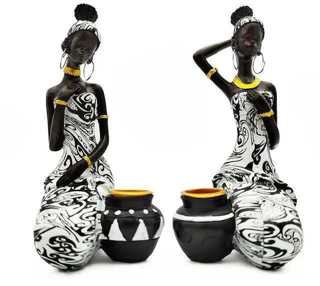 Main image of African Statues Art Sculptures Women Figure Girls Tribal Lady Figurine Black Women Home Decor Collectible Creative Vintage Gift Crafts (Black+White)