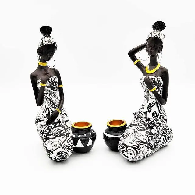 Alt view image 3 of 7 - African Statues Art Sculptures Women Figure Girls Tribal Lady Figurine Black Women Home Decor Collectible Creative Vintage Gift Crafts (Black+White)