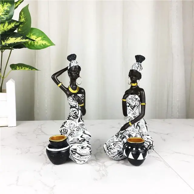 Alt view image 7 of 7 - African Statues Art Sculptures Women Figure Girls Tribal Lady Figurine Black Women Home Decor Collectible Creative Vintage Gift Crafts (Black+White)