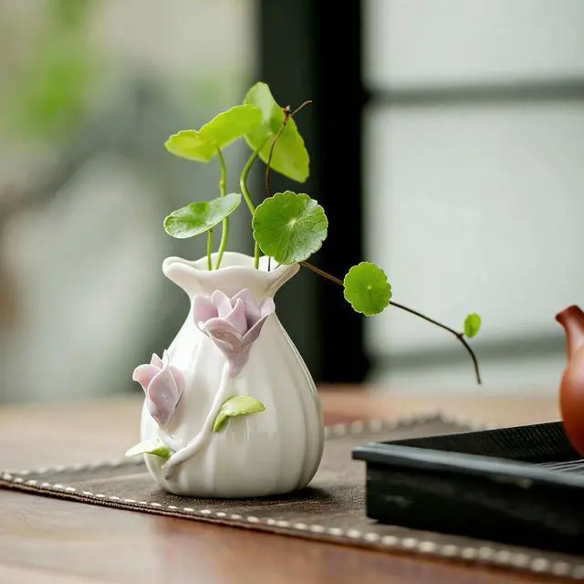 Alt view image 5 of 6 - Handmade Ceramic Vase, 3D Hand Painted Flower Home Decor, Porcelain Relief Flowers, Living Room Dining Desk Statue Ornaments, 1 Piece