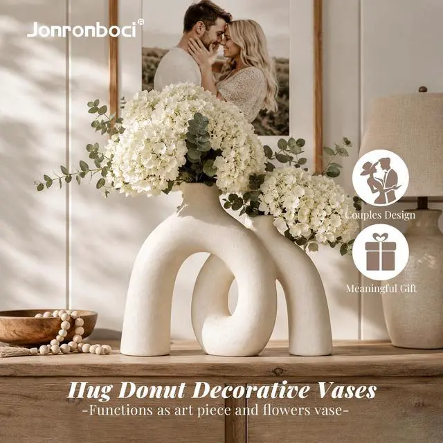 Alt view image 2 of 7 - Hug Donut Decorative Vase Set - Modern Nordic Boho Style Vases Home Decor, Matte Ceramic Decorations for Living Room Shelf, Bookshelf Mantle Entryway Table or Console Décor (Cream White)