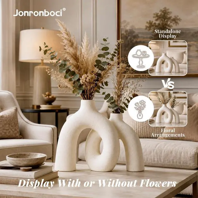 Alt view image 5 of 7 - Hug Donut Decorative Vase Set - Modern Nordic Boho Style Vases Home Decor, Matte Ceramic Decorations for Living Room Shelf, Bookshelf Mantle Entryway Table or Console Décor (Cream White)
