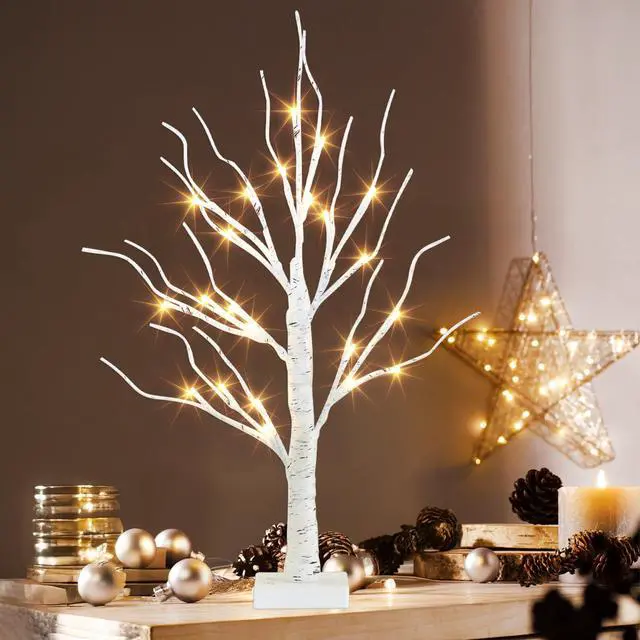 Alt view image 2 of 7 - Artificial Tree for Christmas Decorations, 2FT Birch Tree with LED Lights, Warm White Fairy Lights Spirit Tree Lamp for Home Indoor Tabletop Centerpiece, Battery Powered, Timer