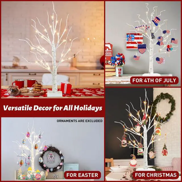 Alt view image 3 of 7 - Artificial Tree for Christmas Decorations, 2FT Birch Tree with LED Lights, Warm White Fairy Lights Spirit Tree Lamp for Home Indoor Tabletop Centerpiece, Battery Powered, Timer