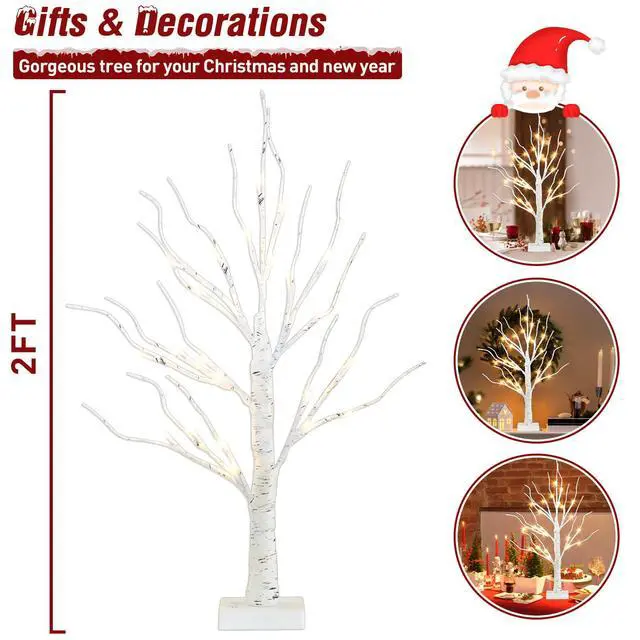 Alt view image 4 of 7 - Artificial Tree for Christmas Decorations, 2FT Birch Tree with LED Lights, Warm White Fairy Lights Spirit Tree Lamp for Home Indoor Tabletop Centerpiece, Battery Powered, Timer