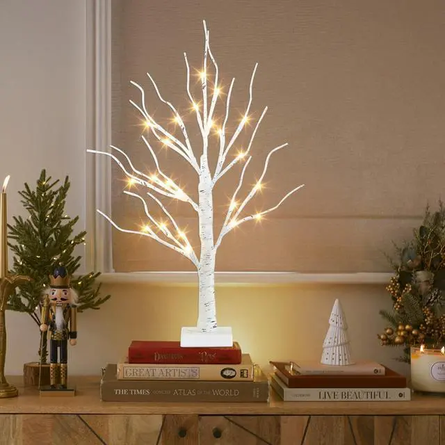 Alt view image 6 of 7 - Artificial Tree for Christmas Decorations, 2FT Birch Tree with LED Lights, Warm White Fairy Lights Spirit Tree Lamp for Home Indoor Tabletop Centerpiece, Battery Powered, Timer