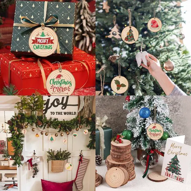 Alt view image 2 of 7 - 30 Pack Wood Slices for Crafts,2.4-2.8In Unfinished Natural Wood Rounds with Tree Bark.Wood Circles Predrilled with Hole and 20m Rope for Centerpiece Table Decorations,Christmas Ornaments,DIY Gifts