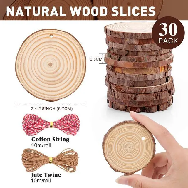 Alt view image 3 of 7 - 30 Pack Wood Slices for Crafts,2.4-2.8In Unfinished Natural Wood Rounds with Tree Bark.Wood Circles Predrilled with Hole and 20m Rope for Centerpiece Table Decorations,Christmas Ornaments,DIY Gifts