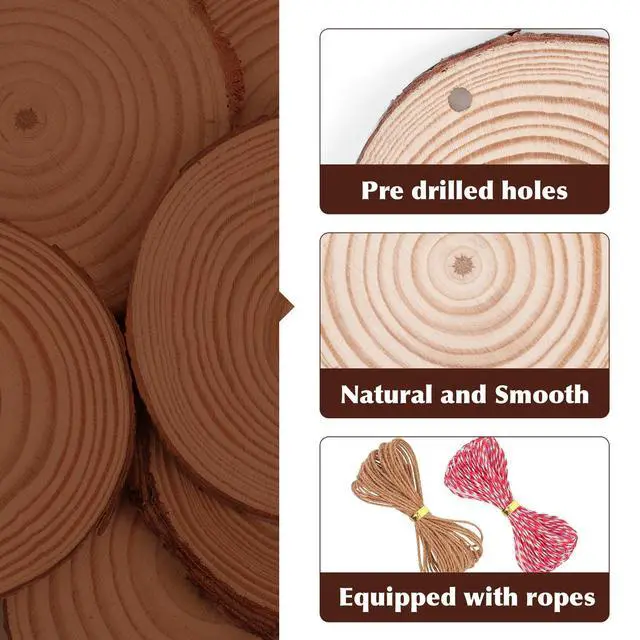 Alt view image 4 of 7 - 30 Pack Wood Slices for Crafts,2.4-2.8In Unfinished Natural Wood Rounds with Tree Bark.Wood Circles Predrilled with Hole and 20m Rope for Centerpiece Table Decorations,Christmas Ornaments,DIY Gifts