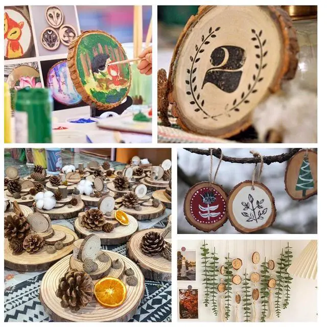 Alt view image 6 of 7 - 30 Pack Wood Slices for Crafts,2.4-2.8In Unfinished Natural Wood Rounds with Tree Bark.Wood Circles Predrilled with Hole and 20m Rope for Centerpiece Table Decorations,Christmas Ornaments,DIY Gifts