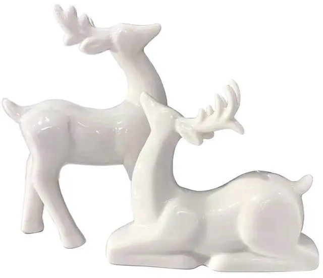 Main image of Porcelain Christmas Reindeer Figurines, Pack 2 Mini Animal Reindeer Decor Deer Statues Sculpture Tabletop Ornaments for Cabinet Mantel Shelves Fireplace Home Décor Accents Collectible Figurines