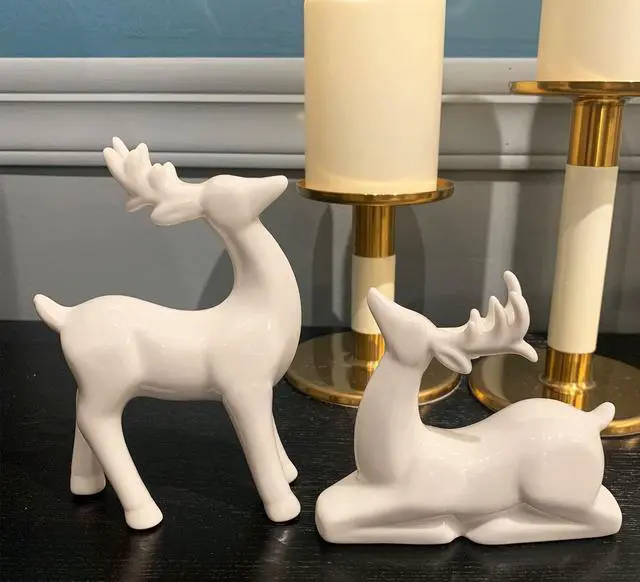Alt view image 2 of 5 - Porcelain Christmas Reindeer Figurines, Pack 2 Mini Animal Reindeer Decor Deer Statues Sculpture Tabletop Ornaments for Cabinet Mantel Shelves Fireplace Home Décor Accents Collectible Figurines