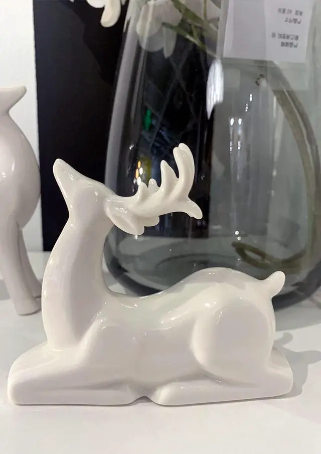 Alt view image 4 of 5 - Porcelain Christmas Reindeer Figurines, Pack 2 Mini Animal Reindeer Decor Deer Statues Sculpture Tabletop Ornaments for Cabinet Mantel Shelves Fireplace Home Décor Accents Collectible Figurines