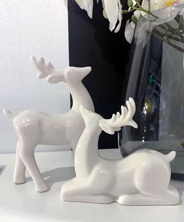 Alt view image 5 of 5 - Porcelain Christmas Reindeer Figurines, Pack 2 Mini Animal Reindeer Decor Deer Statues Sculpture Tabletop Ornaments for Cabinet Mantel Shelves Fireplace Home Décor Accents Collectible Figurines