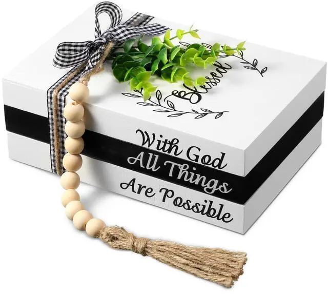 Main image of 3 Pcs Decorative Books for Home Decor Farmhouse Faux Stacked Books Wooden Rustic Table Decor with Bead Garland Twine Ribbon Faux Leaf for Table(Blessed)