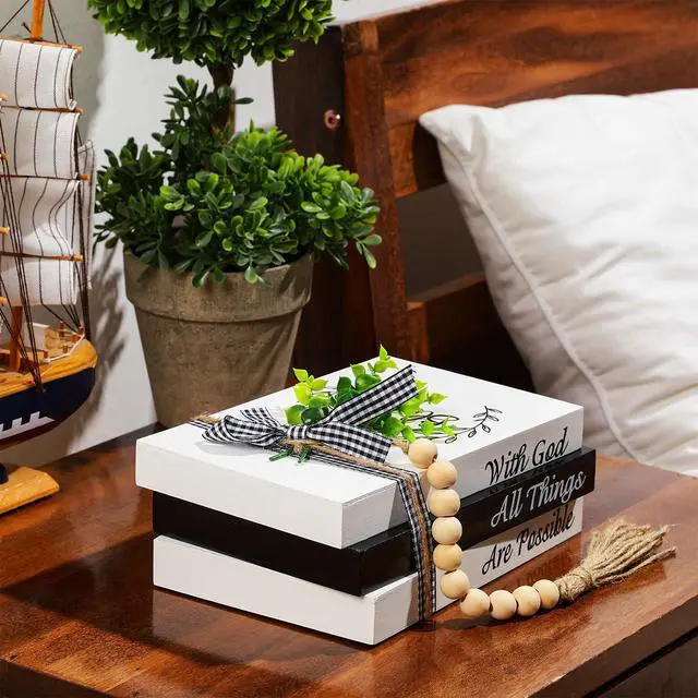 Alt view image 4 of 7 - 3 Pcs Decorative Books for Home Decor Farmhouse Faux Stacked Books Wooden Rustic Table Decor with Bead Garland Twine Ribbon Faux Leaf for Table(Blessed)