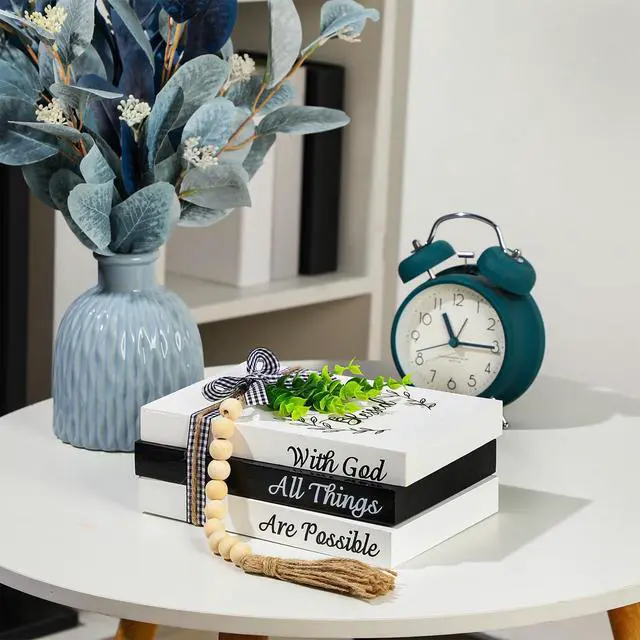 Alt view image 5 of 7 - 3 Pcs Decorative Books for Home Decor Farmhouse Faux Stacked Books Wooden Rustic Table Decor with Bead Garland Twine Ribbon Faux Leaf for Table(Blessed)