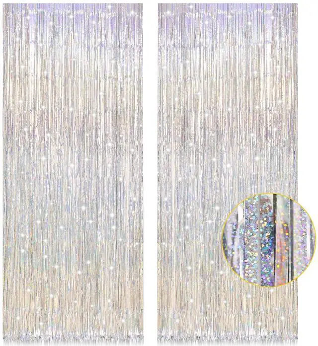 Main image of 2 Pack 3.2ft x 8.2ft Silver Metallic Tinsel Foil Fringe Curtains, Door Streamer Photo Booth Backdrop for Birthday Graduation Engagement Bridal Shower Bachelorette Baby Shower Party Decorations