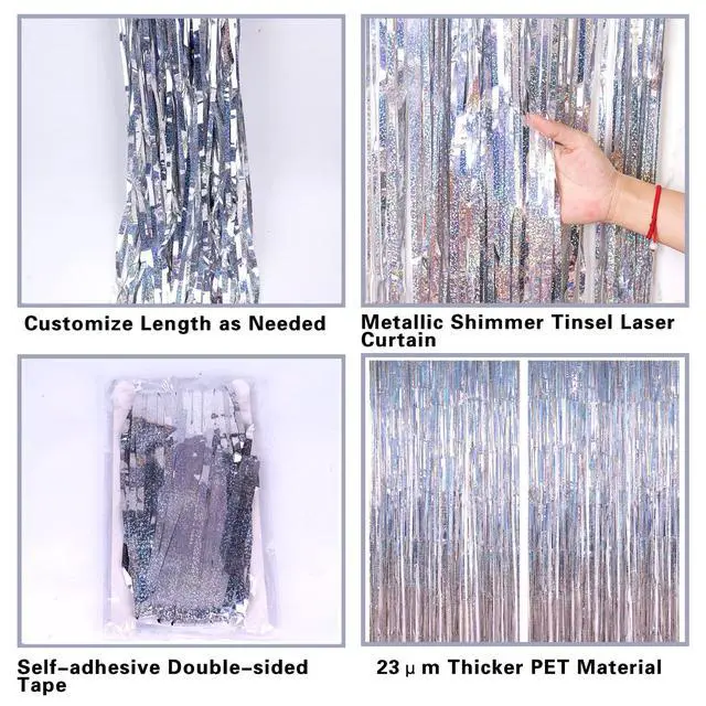 Alt view image 5 of 7 - 2 Pack 3.2ft x 8.2ft Silver Metallic Tinsel Foil Fringe Curtains, Door Streamer Photo Booth Backdrop for Birthday Graduation Engagement Bridal Shower Bachelorette Baby Shower Party Decorations