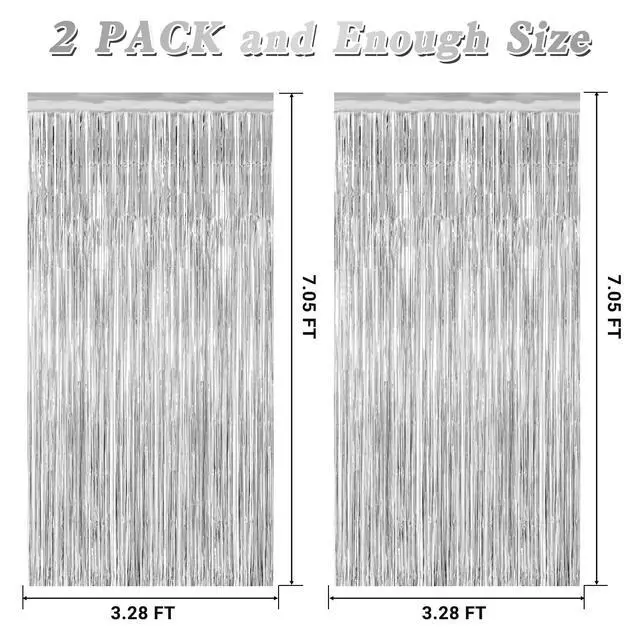 Alt view image 2 of 7 - 2 Pack Tinsel Backdrop, 3.28 FT x 7.05 FT Birthday Party Decorations, Silver Party Streamer Fringe Curtains Foil Backdrop, Metallic Silver Photo Props Party Supplies Party Decor