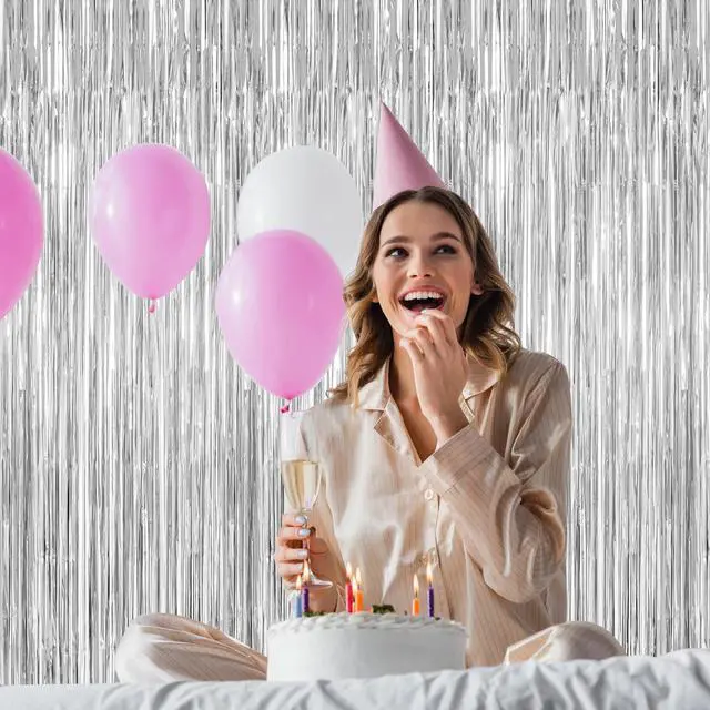 Alt view image 5 of 7 - 2 Pack Tinsel Backdrop, 3.28 FT x 7.05 FT Birthday Party Decorations, Silver Party Streamer Fringe Curtains Foil Backdrop, Metallic Silver Photo Props Party Supplies Party Decor