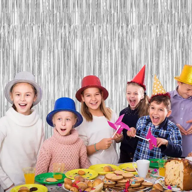 Alt view image 6 of 7 - 2 Pack Tinsel Backdrop, 3.28 FT x 7.05 FT Birthday Party Decorations, Silver Party Streamer Fringe Curtains Foil Backdrop, Metallic Silver Photo Props Party Supplies Party Decor