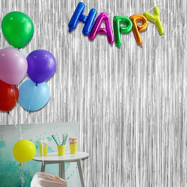 Alt view image 7 of 7 - 2 Pack Tinsel Backdrop, 3.28 FT x 7.05 FT Birthday Party Decorations, Silver Party Streamer Fringe Curtains Foil Backdrop, Metallic Silver Photo Props Party Supplies Party Decor