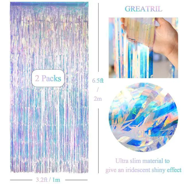 Alt view image 4 of 7 - Iridescent Party Streamers Backdrop - GREATRIL Neon Transparent Holographic Tinsel Foil Fringe Curtain for Mermaid/Frozen/Sea/Euphoria/ERAS Party Theme Decorations 3.2ft x 6.5ft 2 PCS