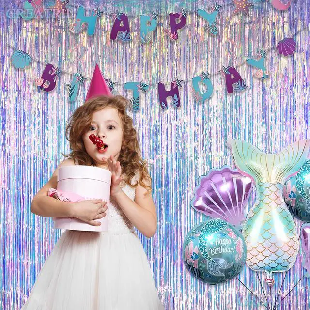 Alt view image 2 of 7 - Iridescent Party Streamers Backdrop - GREATRIL Neon Transparent Holographic Tinsel Foil Fringe Curtain for Mermaid/Frozen/Sea/Euphoria/ERAS Party Theme Decorations 3.2ft x 6.5ft 2 PCS